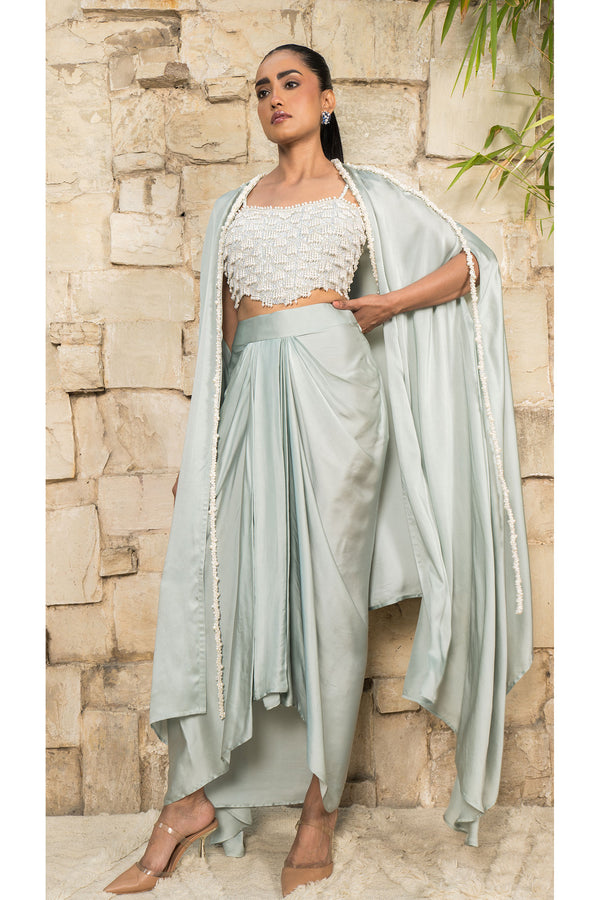 Grayish blue cape with embroided bustier with skirt
