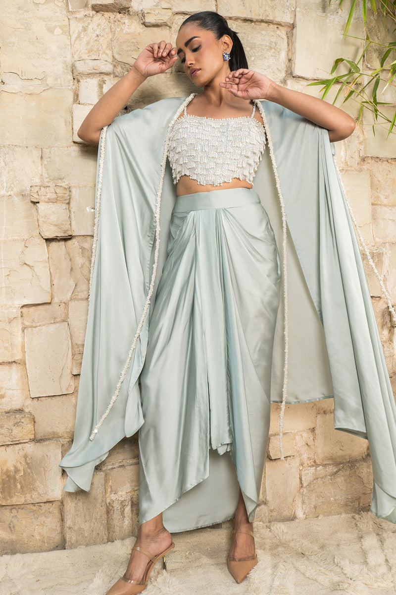 Grayish blue cape with embroided bustier with skirt