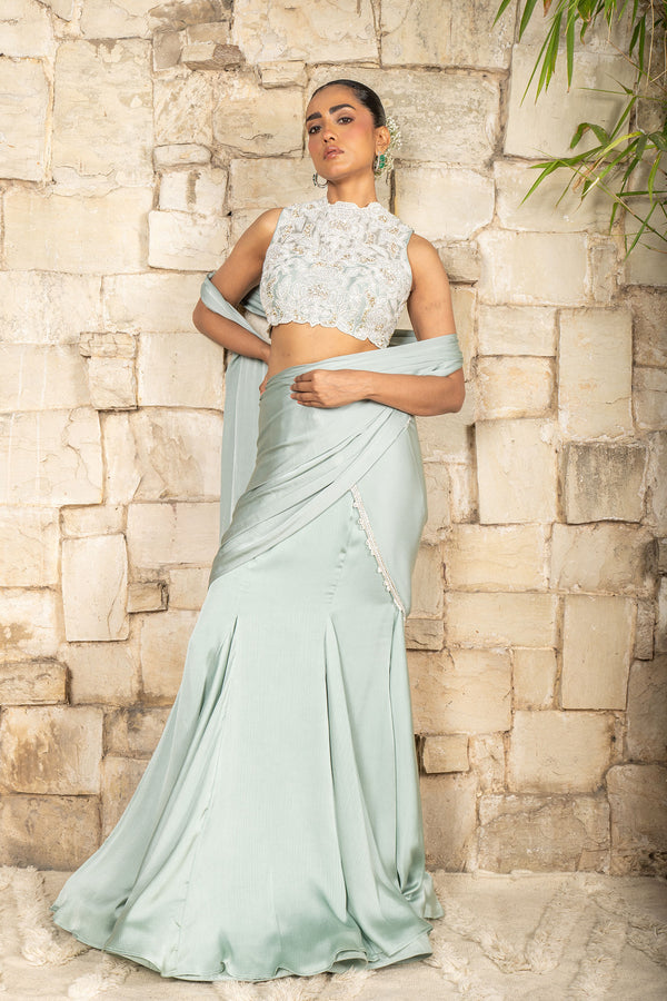GRAYISH BLUE SAREE SET