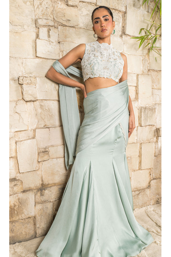 GRAYISH BLUE SAREE SET