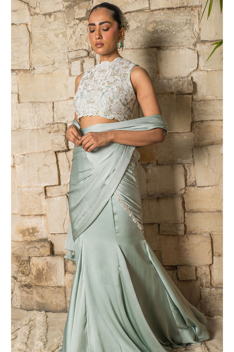 GRAYISH BLUE SAREE SET