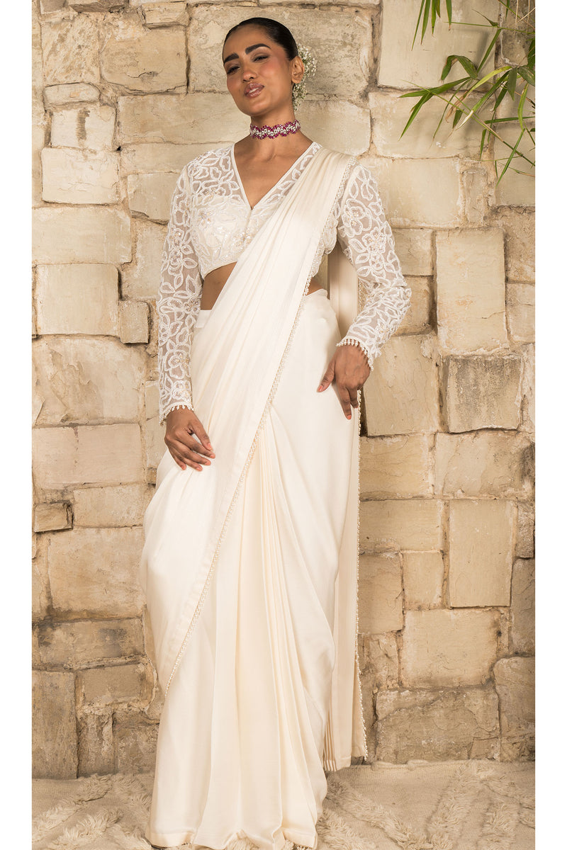 IVORY PRE STITCHED SAREE SET