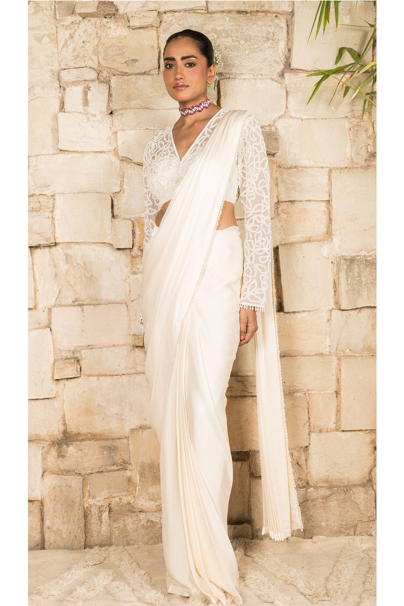 IVORY PRE STITCHED SAREE SET
