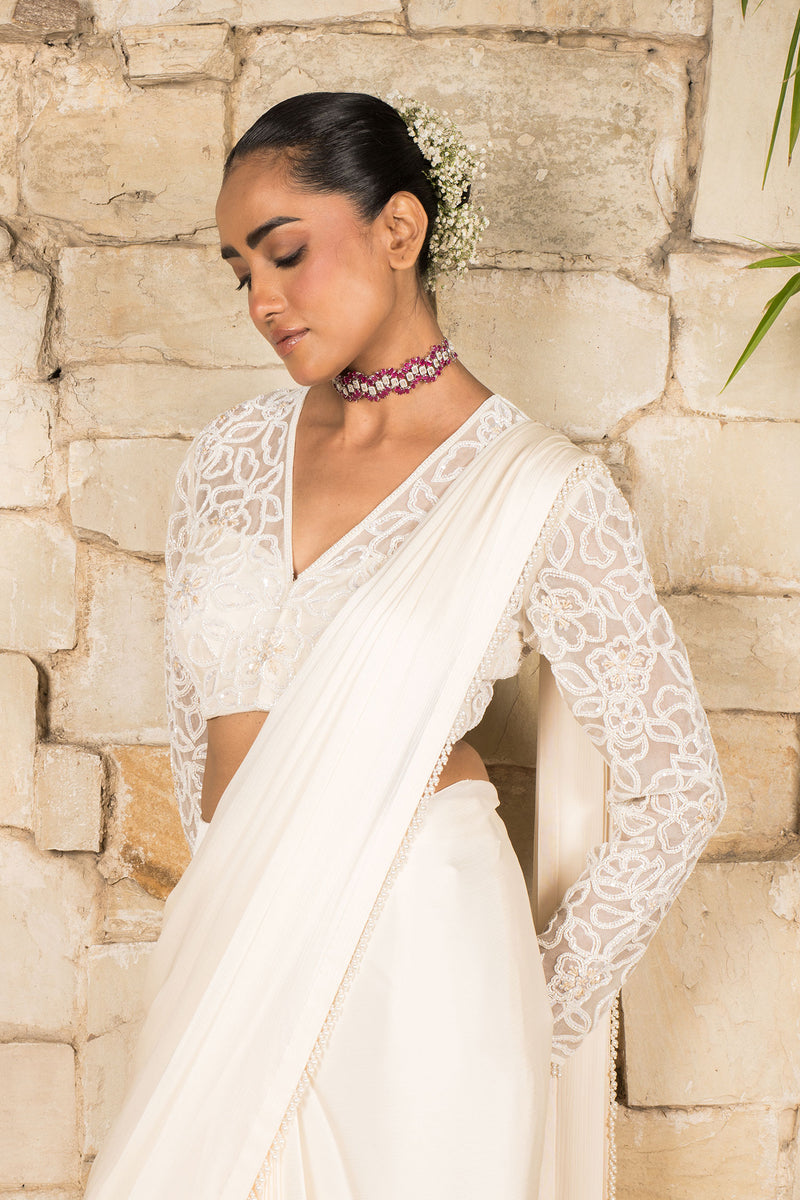 IVORY PRE STITCHED SAREE SET