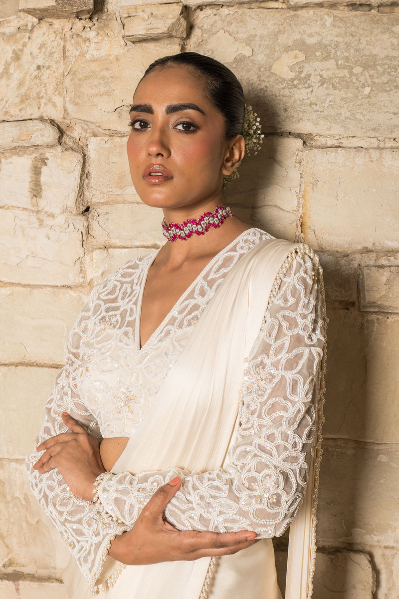 IVORY PRE STITCHED SAREE SET