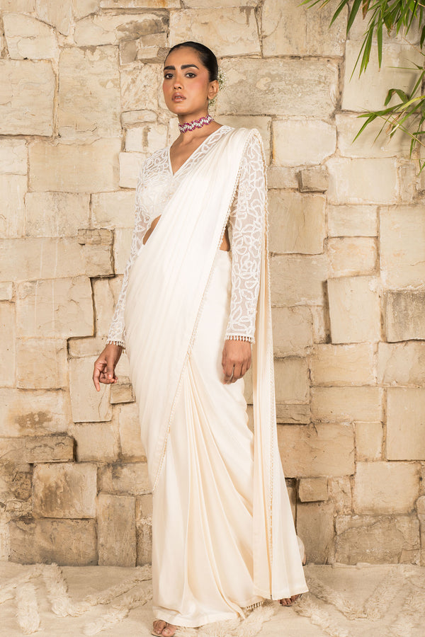 IVORY PRE STITCHED SAREE SET