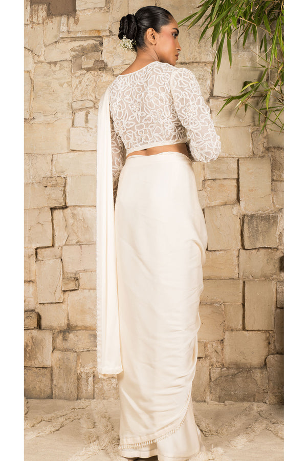 IVORY PRE STITCHED SAREE SET