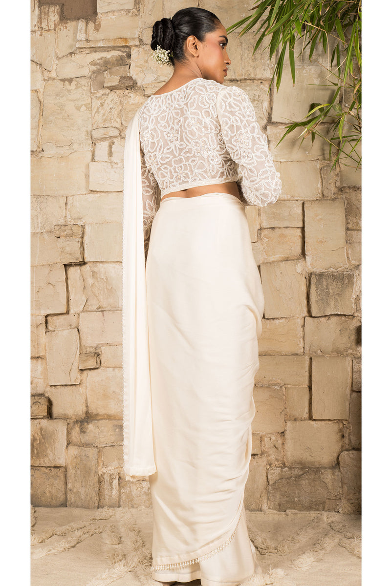 IVORY PRE STITCHED SAREE SET
